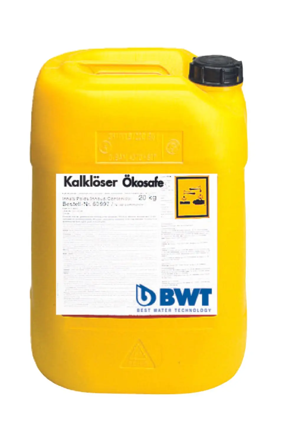 Gelber 20-kg-Kanister mit Produktlabel. Auf dem Label sind Gebrauchsanweisungen und Sicherheitsinformationen abgedruckt. BWT-Logo unten im Bild sichtbar.